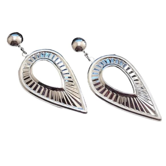 2 3/4 Inch 70mm Teardrop Hoop Pierced Post Earrings Round Bead Silver Tone - Picture 3 of 4